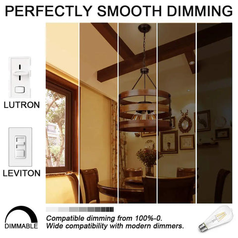 ST21 Vintage LED Edison Bulb 4.5W 40W Equivalent Dimmable Soft White 3000K showing dimming range in a dining room setting