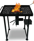 Coal Forge Stand And Fire Pot Kit For Blacksmithing Beginners with flaming coal pot on durable steel frame