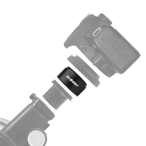 Exploded view of Dual Sided Extension Tube Kit M42x0.75 and T2 Threads for Astro Photography with camera and adapter