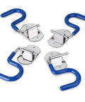 Four stainless steel S-hooks with blue rubber grips for Eight Piece Wall Mounted Mop Broom Holder Organizer Set With Stainless Steel Heavy Duty Racks.