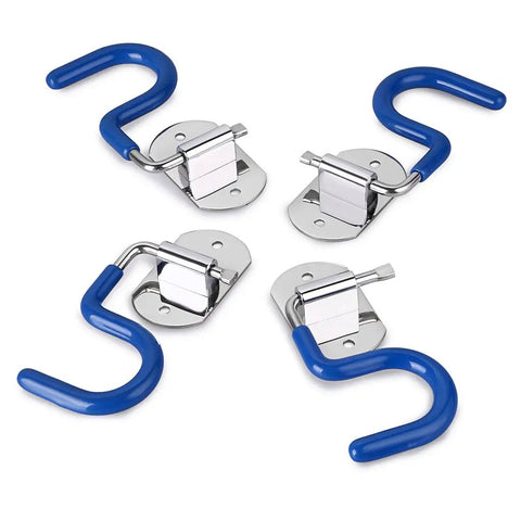 Four stainless steel S-hooks with blue rubber grips for Eight Piece Wall Mounted Mop Broom Holder Organizer Set With Stainless Steel Heavy Duty Racks.