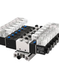 5 Way 3 Position Pneumatic Solenoid Valve With 4V230C08, DC12V Coil, PT1/4 Ports, Manifold Base, Quick Fittings Set, CE Certified