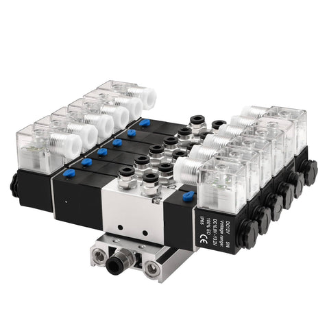 5 Way 3 Position Pneumatic Solenoid Valve With 4V230C08, DC12V Coil, PT1/4 Ports, Manifold Base, Quick Fittings Set, CE Certified