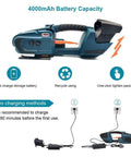 Automatic Electric Strapping Machine With Hot Melt Welding Seal And Rechargeable Battery For No Sweat Carton Boxing showing battery capacity and charging options.