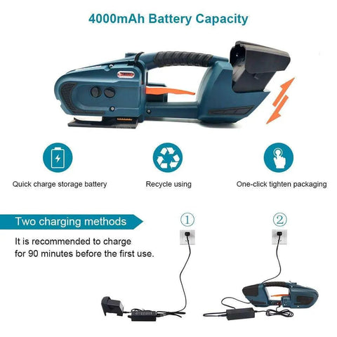 Automatic Electric Strapping Machine With Hot Melt Welding Seal And Rechargeable Battery For No Sweat Carton Boxing showing battery capacity and charging options.