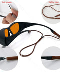 Heavy Hitter Laser Safety Glasses Serving Top Tier OD Plus Protection Against UV And Blue Light Filters For 405nm 445nm 450nm Lasers With A No Sweat Oversized Design In Glossy Black showing soft plastic and safety rope details.