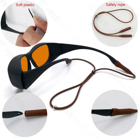 Heavy Hitter Laser Safety Glasses Serving Top Tier OD Plus Protection Against UV And Blue Light Filters For 405nm 445nm 450nm Lasers With A No Sweat Oversized Design In Glossy Black showing soft plastic and safety rope details.