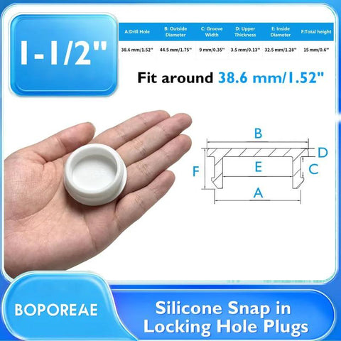 Silicone snap-in locking hole plugs (8 pcs), white, 38.6 mm, for 1-1/2" holes; Amazon brand.