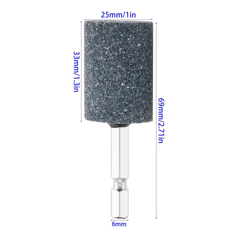 Side view of a 25mm Aluminum Oxide Mounted Grinding Stone with 1/4 inch hex shank for rotary tools, detailed measurements.