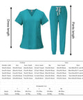 Soft Blue Nurse Scrub Set For Work All Day Comfort Easy Clean Uniform Top And Jogger Pants Machine Washable Scrubs For Spa Beauty Salon Pet Grooming Hospital Style Workwear That Feels Comfy For Women Size Large, shown with size chart and measurements