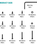 Image showing product size chart for 765 Piece M3 Screws Bolts Nuts Assortment Kit With Washers Hex Socket Head Cap Screws M3 Set For Diy And Hobby Projects Rc Cars Electronics And Metalwork 12.9 Grade Carbon Steel Rust Resistant And Long Lasting, including screws, nuts, washers, and an Allen key.