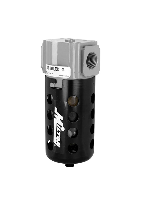 Half Inch NPT Filter For Compressed Air Upstream From Regulators, Handles 250 PSI And Delivers Up To 48 SCFM At 100 PSI in black casing