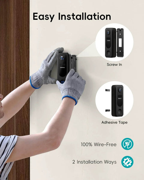 Person installing Wireless Battery Powered 2K Video Doorbell With Chime And No Subscriptions on wall using adhesive.
