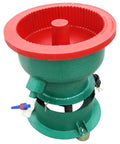 No Sweat Heavy Duty 40L Vibration Polishing Machine For Metal Hardware Parts Quick Deburring And Chamfering Tool Smooth As Butter 1440Rpm Electric Motor Setup, green polisher drum with red rim and valve.