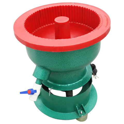 No Sweat Heavy Duty 40L Vibration Polishing Machine For Metal Hardware Parts Quick Deburring And Chamfering Tool Smooth As Butter 1440Rpm Electric Motor Setup, green polisher drum with red rim and valve.