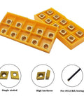 20pcs CCMT carbide turning inserts in yellow plastic organizer; square, center-hole, high-hardness for CNC lathe tools
