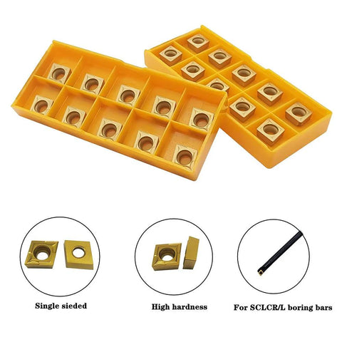20pcs CCMT carbide turning inserts in yellow plastic organizer; square, center-hole, high-hardness for CNC lathe tools