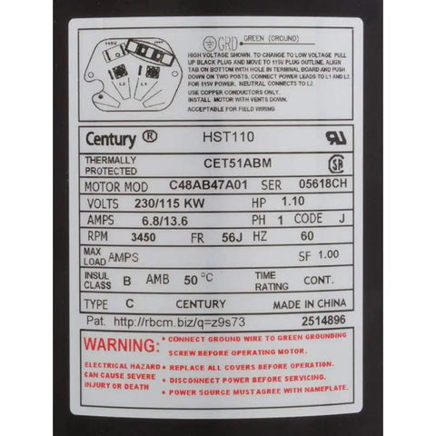 Centurion Pro 1.1HP Single Speed Motor 3450 RPM label showing specs and wiring instructions for HVAC use