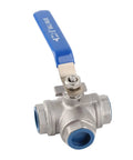 Rock Solid 304 Stainless Steel Three Way T Port Ball Valve 3/4 Inch DN20 with blue lever for steam, water, and oil use.