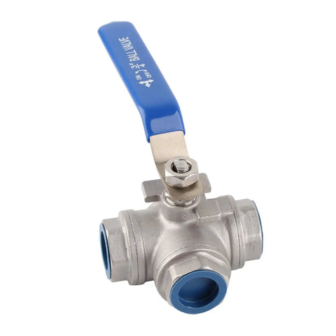 Rock Solid 304 Stainless Steel Three Way T Port Ball Valve 3/4 Inch DN20 with blue lever for steam, water, and oil use.