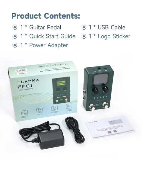 40 Slot Looper Guitar Pedal With 160 Minutes Loop Time Dual Footswitch Screen Stereo Output on display with accessories