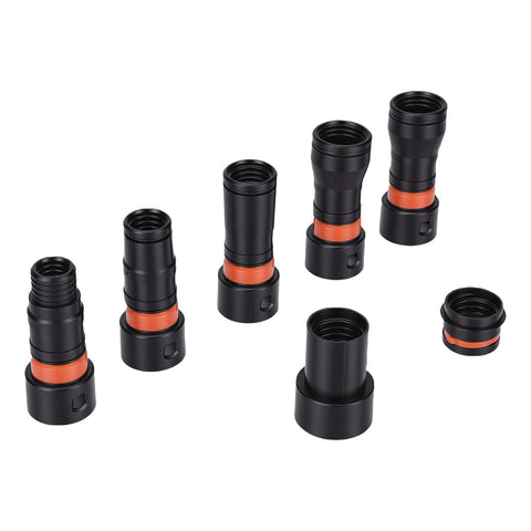 Gowenic 7 Pc Dust Collection Hose Adapter Kit includes six black and orange connectors for shop vacs and sanders.