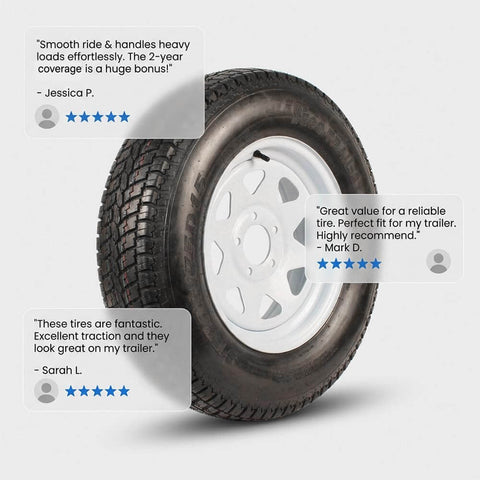 Two Pack 15 Inch Trailer Tire And Rim Set ST20575D15 Load Range C With Five Lug Four Point Five Inch Bolt Pattern White Spoke Wheel