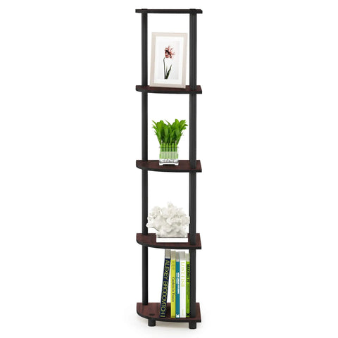 Space Saving Corner Shelf With Five Tiers For Living Room Or Home Office In Dark Cherry Finish Open Storage For Books Decor And Organization In Small Spaces
