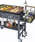 Outdoor Grill Utensil Caddy With Three Hooks Portable Organizer for Plates Cutlery Spices and Napkins on grill with food.