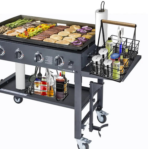 Outdoor Grill Utensil Caddy With Three Hooks Portable Organizer for Plates Cutlery Spices and Napkins on grill with food.
