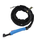 Flexible 4m Welding Torch With Ergonomic Grip And Smooth Surface, coiled, showing the ergonomic blue handle and black hose bundle.