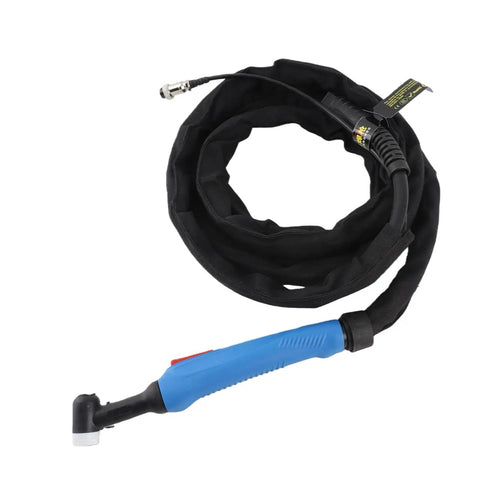 Flexible 4m Welding Torch With Ergonomic Grip And Smooth Surface, coiled, showing the ergonomic blue handle and black hose bundle.