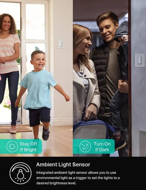 Smart Motion Sensor Dimmer Switch For Single Pole Wiring No Hub Required 2.4GHz WiFi Works With Alexa And Google Assistant showing ambient light sensor feature