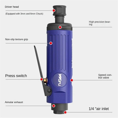 Knockout 3mm And 6mm Shank Pneumatic Die Grinder Running 25000 Rpm with non-slip grip and precision parts for metal engraving.