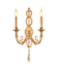 Premium All Copper Wall Sconces With Shatter Resistant Crystal Accents European Double Arm Wall Light Fixture For Living Room Or Foyer, gold finish with two candle-like lights.