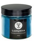 Top Shelf Teal Mica Powder For Epoxy Resin And Nail Polish Dope Pearlescent Pigment For Soap Candle DIY Crafts Fresh Sleek Finish Safe Cosmetic Grade Art Supply Pack in a clear 50g jar with a black lid.