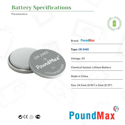 Premium Cr2450 3V Lithium Button Cell Batteries 5 Count For Car Key Fobs Remote Controls Desk Calculators And Smart Electronic Devices Delivers Big Time Power With Solid Long Haul Reliability You Can Count On, showing CR 2450 battery specifications.