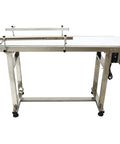 Heavy Duty Industrial Flat Conveyor Belt Built Like A Tank With Adjustable Guardrails Stainless Steel Frame Variable Speed Motor side view