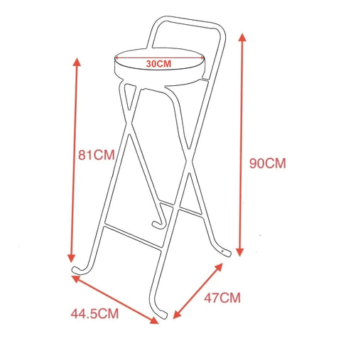 Diagram of foldable metal bar stool 32 inch tall with padded seat, dimensions labeled in centimeters