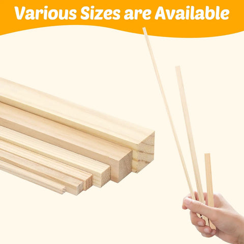 25 Pack Square Wood Dowel Rods 5/16 X 15 Inch Unfinished Pine Craft Sticks For DIY Modeling And Dollhouse Miniatures shown in various sizes.