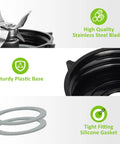 Close-up of Replacement Ice Blade Kit with ABS Plastic Base and Two Rubber O Ring Gaskets for Most Blender Models, showing components.