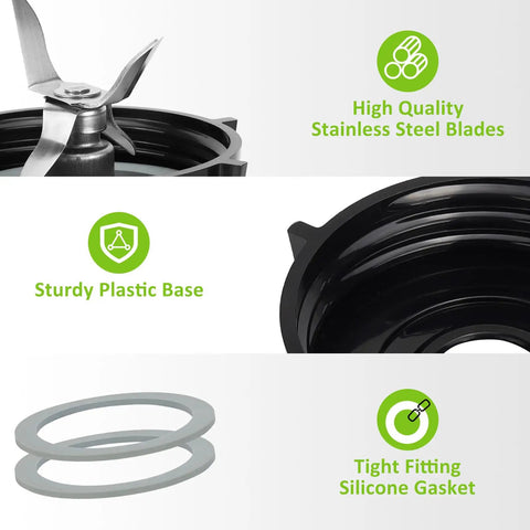 Close-up of Replacement Ice Blade Kit with ABS Plastic Base and Two Rubber O Ring Gaskets for Most Blender Models, showing components.