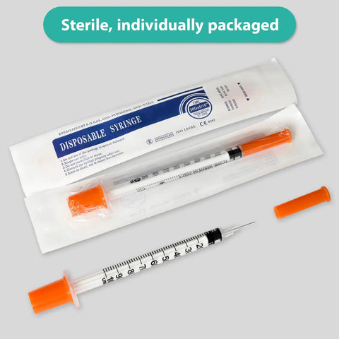 Syringes With Needle 30 Pack U-100 1ml 30G 5/16 Inch 8mm Sterile Individually Wrapped For Clear Measurements And Accurate Dosing In Lab And Medical Prep, packaged syringe