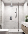 Shower System Brushed Nickel 10 Inch Rain Shower Head Ceiling Mount With Handheld in modern bathroom setting