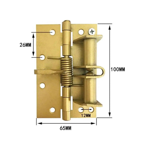 Heavy Duty Spring Loaded Cabinet Hinges With Automatic Self Closing Action, showing dimensions and gold finish.