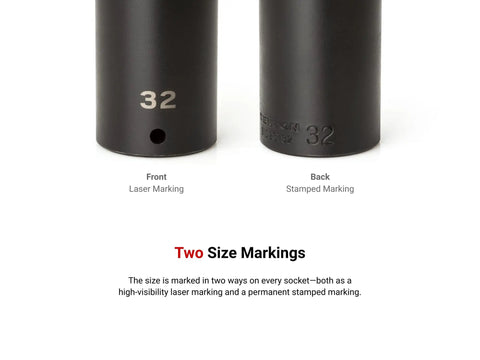 Close-up of front and back view of 32mm socket from Half Inch Drive Deep Impact Socket Set With Case, showing laser and stamped markings.