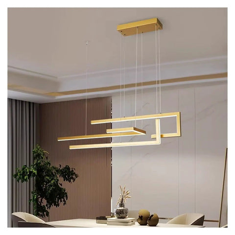 Modern LED Pendant Lamp for Dining Room Kitchen Living Room Bedroom Black Rectangle Dimmable Chandelier, unique geometric design in gold.
