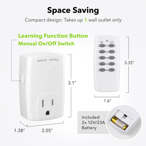 Wireless Remote Control Outlet Switch Kit With 5 Outlets And 2 Remotes, Compact Design, Plug-and-Play RF, 1250W 10A, White