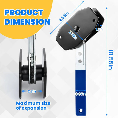 Universal Brake Caliper Press Tool Kit With 360 Degree Ratchet Piston Compressors, Hooks And Steel Plates side view with dimensions