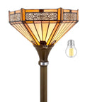 Yellow Hexagon Tiffany Floor Lamp With Stained Glass Mission Shade, 71 Inch Torchiere Standing Lamp, antique bronze base.